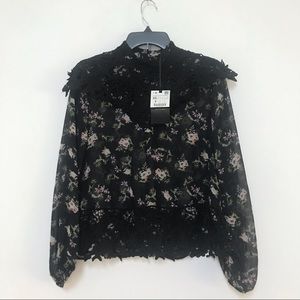 Zara Floral Lace Appliqué Chiffon Blouse XS NEW